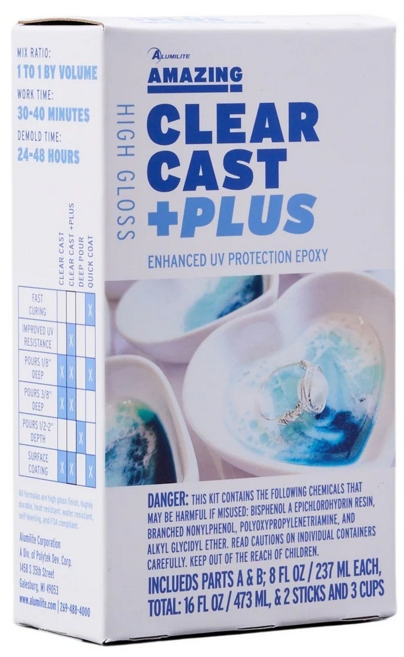 Alumilite Clear Cast Plus High Gloss Liquid Glass Finish Uv Resistant Plastic Coating & Casting Epoxy Resin Kit 237 ML A + 237 ML B & Two Sticks & Three Cups - Image 1